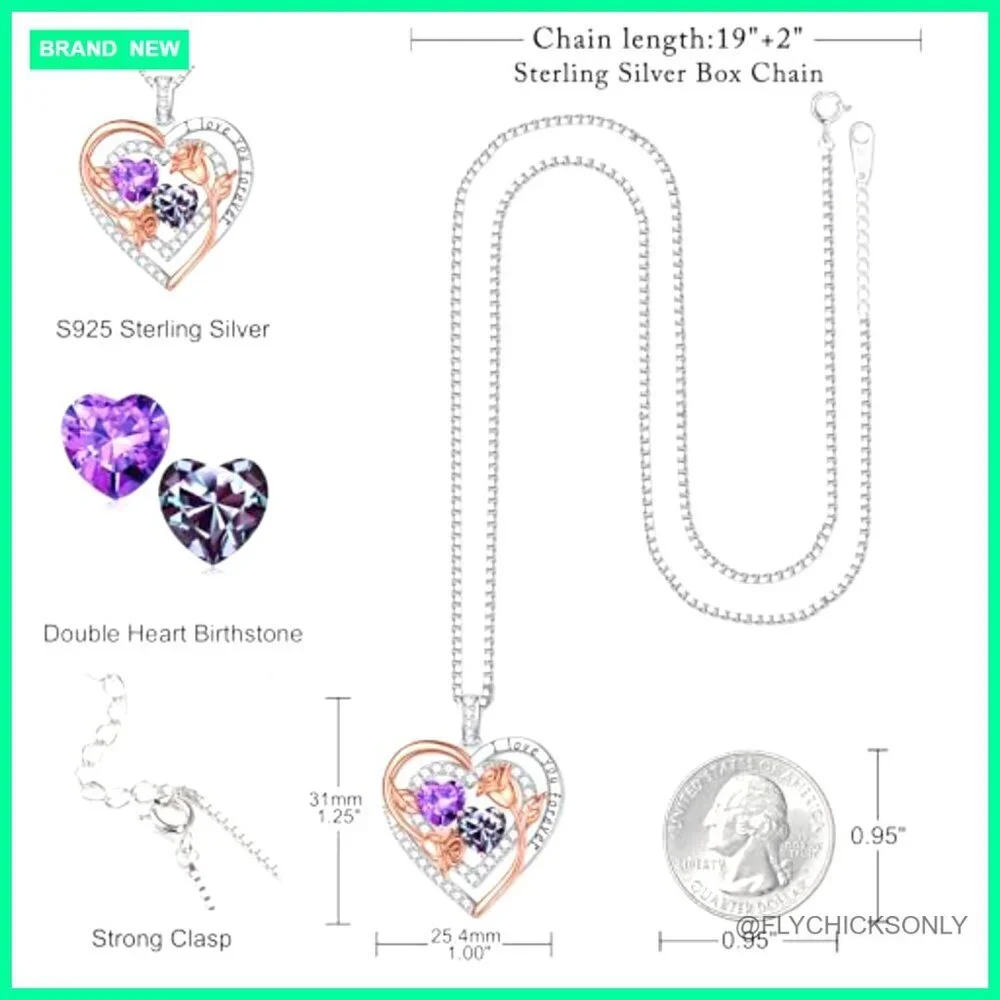 Sterling Silver Heart Birthstone Necklace Anniversary Gift for Women